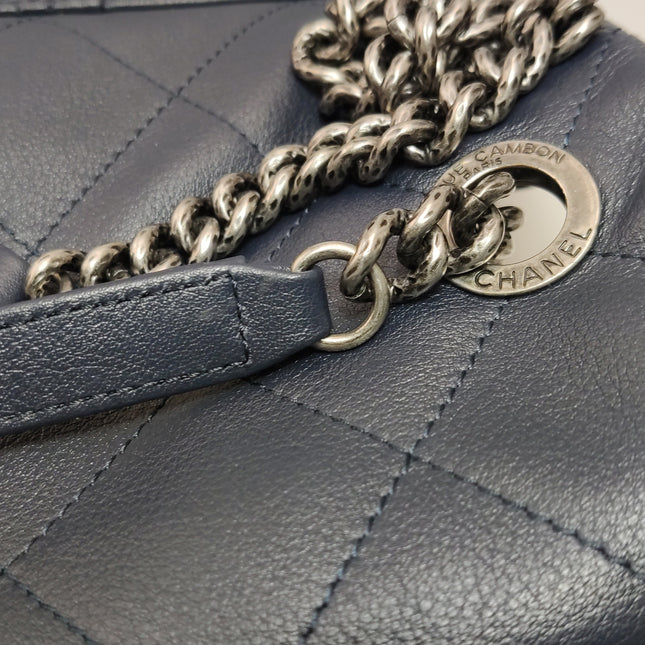Chanel Large Single Flap Navy Calfskin Leather Cannage Stitch Silver Hardware 2012