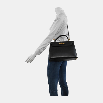 Hermes Kelly 32 Sellier Black Clemence Leather Gold Hardware 1995