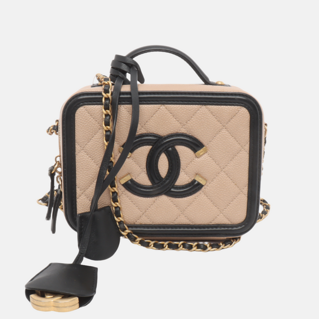 Chanel Filigree Mini Vanity Case Caviar Leather Beige with Black Trim, 2018-2019-Luxbags