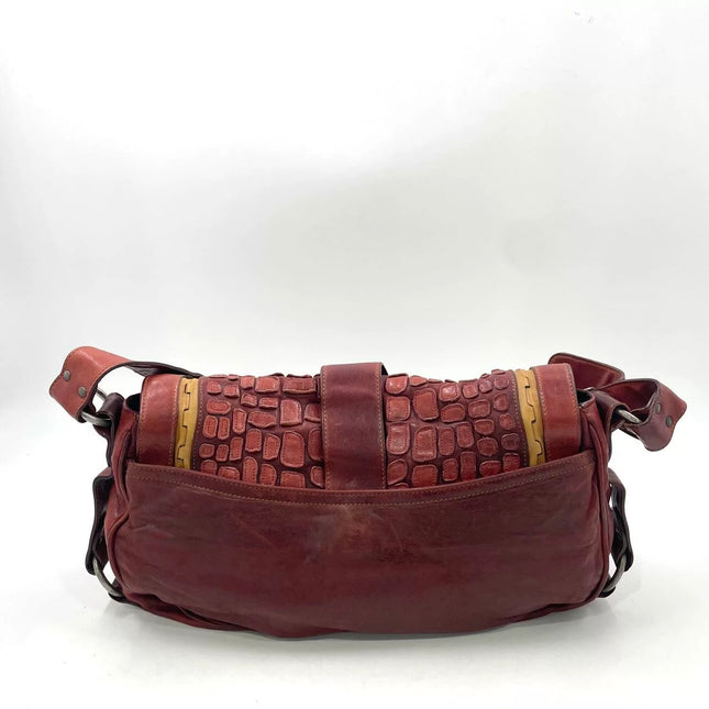 Dior Vintage Gaucho Large Red Leather Crocodile Embossed Crossbody Bag