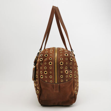 Prada Brown Grommet Calfskin Leather Gold Ringlet Shoulder Bag