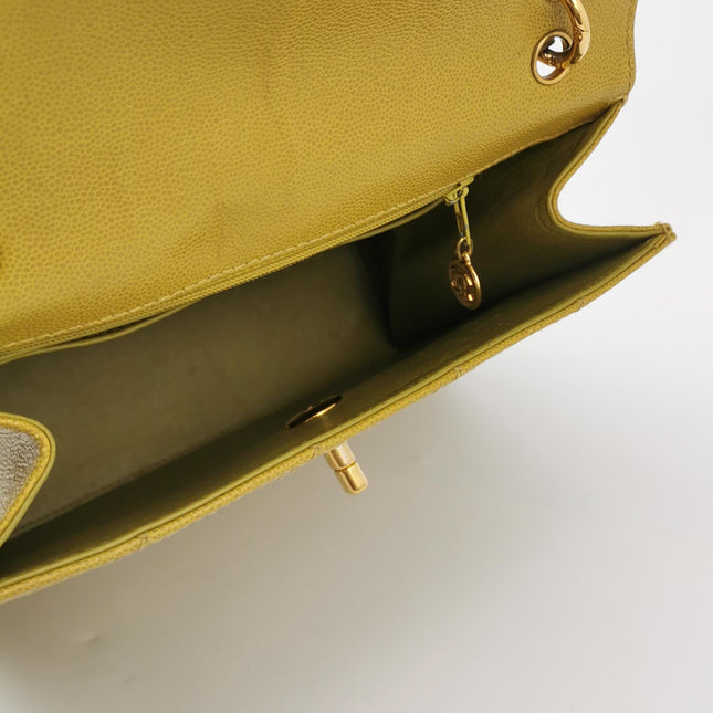 Chanel Vintage Kelly Flap Bag Yellow Caviar Leather 24k Gold Hardware 1997-1999