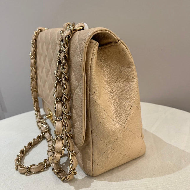 Chanel Classic Flap Jumbo Beige Caviar Leather Single Flap Silver Hardware