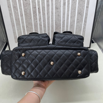Chanel Cambon Multi-pocket Ligne Reporter Bag Large Black Calfskin Leather White Logo