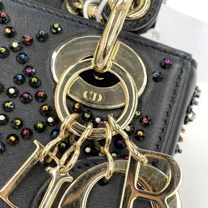 Lady Dior Mini Black Calfskin Leather with Multicolor Crystals Gold Hardware
