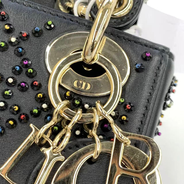 Lady Dior Mini Black Calfskin Leather with Multicolor Crystals Gold Hardware