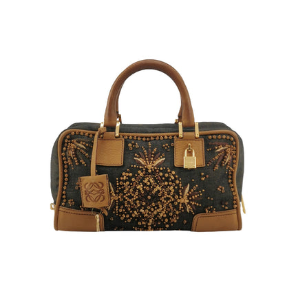 Loewe Amazona 28 Denim Beaded Embroidery Brown Leather Handbag-Luxbags