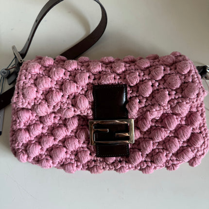 Fendi Baguette Bag Pink Crochet Knit Wool Pompom Shoulder Bag