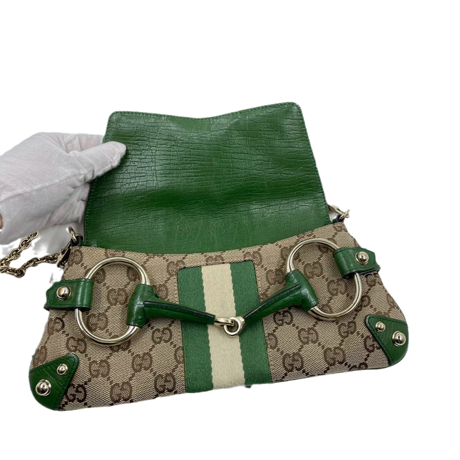 Sold Iconic Gucci Horsebit 1955 Chain Cloth Gucci Monogram Green Leather and Gold Studs