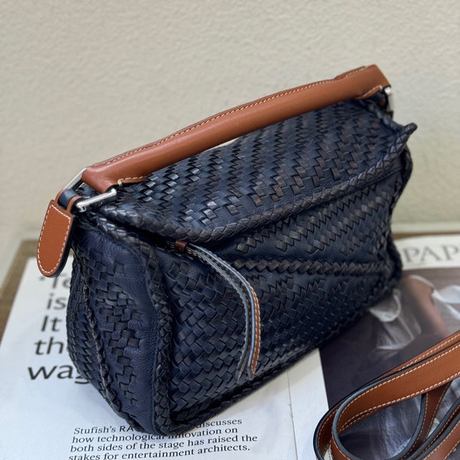 Loewe Puzzle Small Leather Woven Braided Navy Crossbody Bag