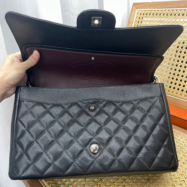 Chanel Classic Flap Maxi Black Caviar Leather Double Flap Sliver Hardware 2011-12