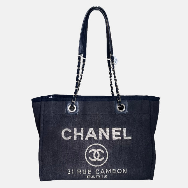 Sold Chanel Deauville Tote 2016 Medium Navy Denim Top Handle Shoulder Bag