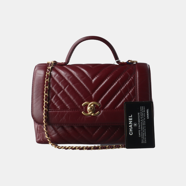 Chanel Top Handle Chevron Flap Bag Mini Burgundy Calfskin Leather, 2017