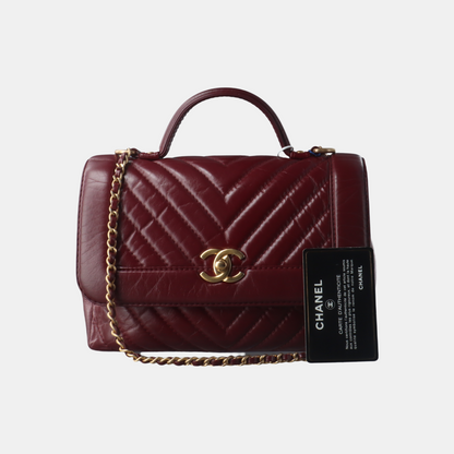 Chanel Top Handle Chevron Flap Bag Mini Burgundy Calfskin Leather, 2017