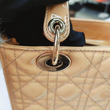 Lady Dior Medium Beige Patent Leather with Silver-tone Hardware