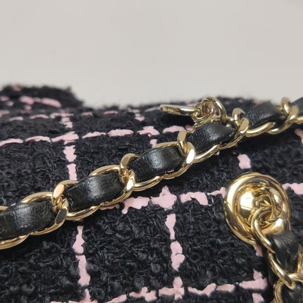 Chanel Mini Rectangular Tweed Flap Bag Black Pink Camellia Single Chain Crossbody