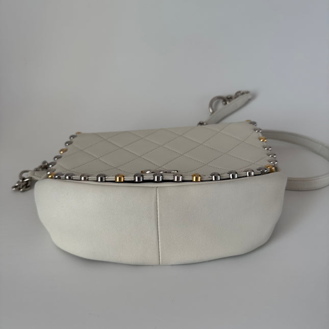 Chanel White Calfskin Leather Embellished Flap Saddle Bag, 2018-19