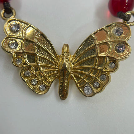 Ferragamo Vintage Rare Red Ruby Beads Necklace Gold Plated Butterfly Signed