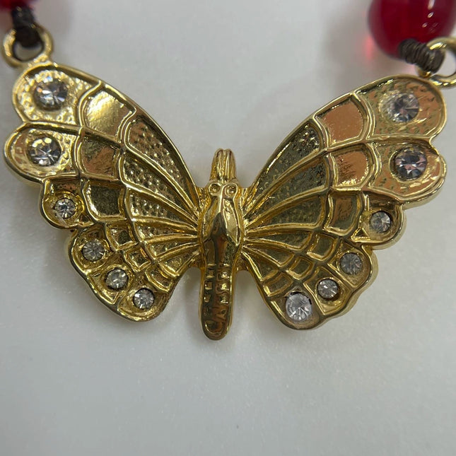 Ferragamo Vintage Rare Red Ruby Beads Necklace Gold Plated Butterfly Signed