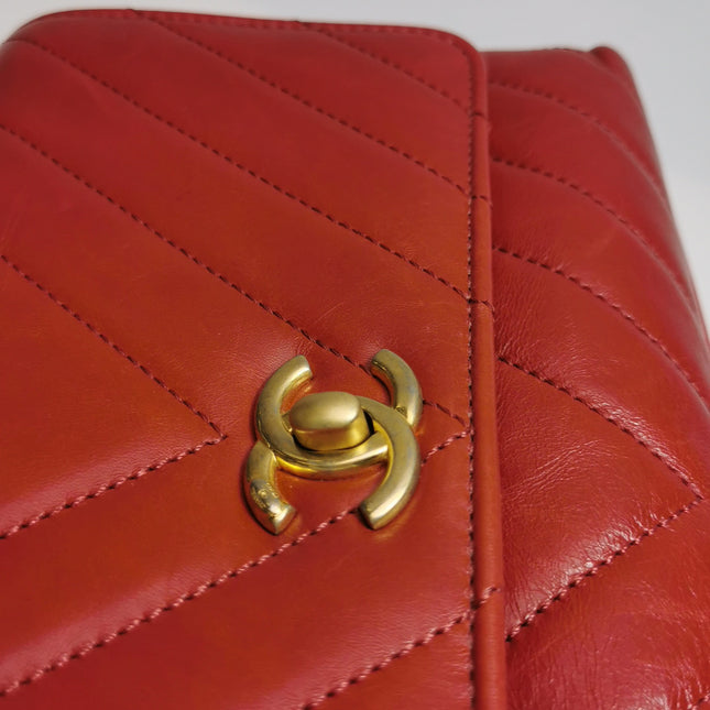 Chanel Coco Handle Small Red Lambskin Leather Chevron Stitching Gold Hardware, 2017-18