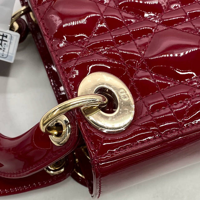 Lady Dior Mini Handbag Burgundy Red Patent Leather Gold-tone Chain Strap
