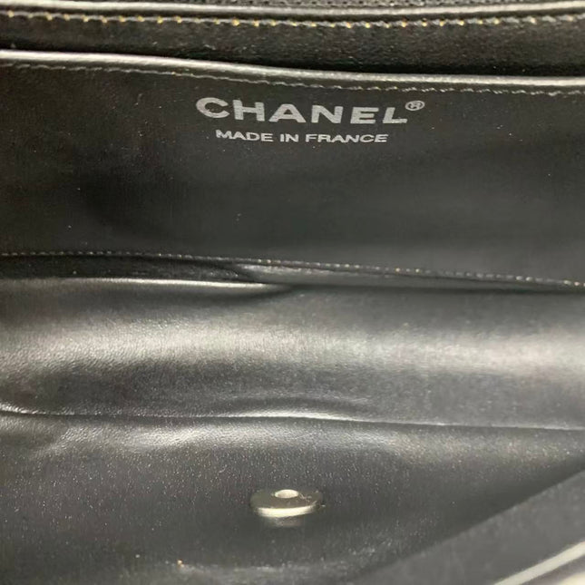 Chanel Medium Straw Wicker Flap Bag Black Diamond Wild Stitch