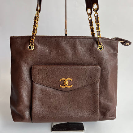 Chanel Vintage Front Pocket Tote Chocolate Brown Caviar Leather Double Gold Leather Chain