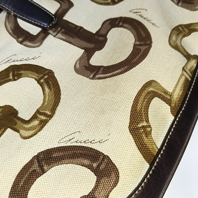 Gucci Jackie Vintage Medium Horsebit Print Cloth and Brown Leather Gold Hardware