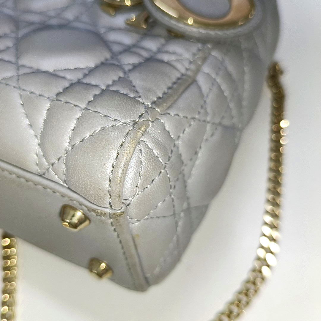 Lady Dior Mini Pearlescent Grey Lambskin Leather Gold HW Chain Strap