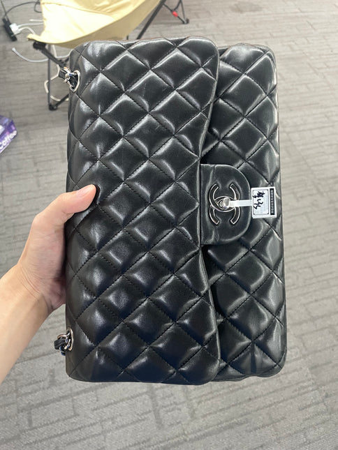 Chanel Classic Flap Jumbo Black Lambskin Leather Double Flap Silver Hardware 2012