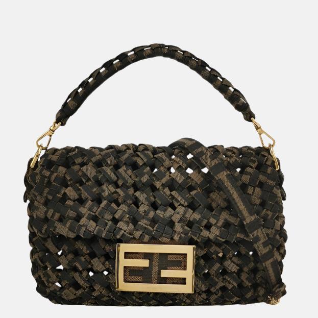 Fendi Baguette Mini Canvas Crochet Zucca Dark Green and Gold Hardware-Luxbags