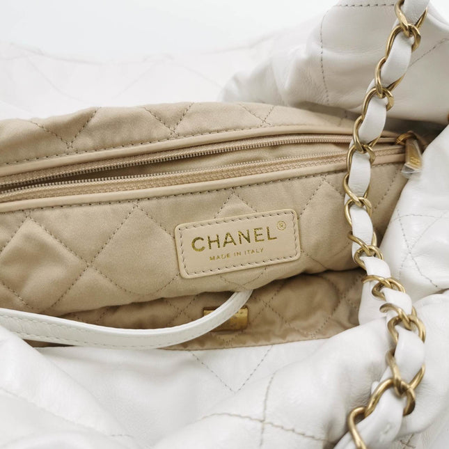 Sold Chanel 22 Hobo Bag Medium Shiny Calfskin Leather White with Gold-tone Hardware