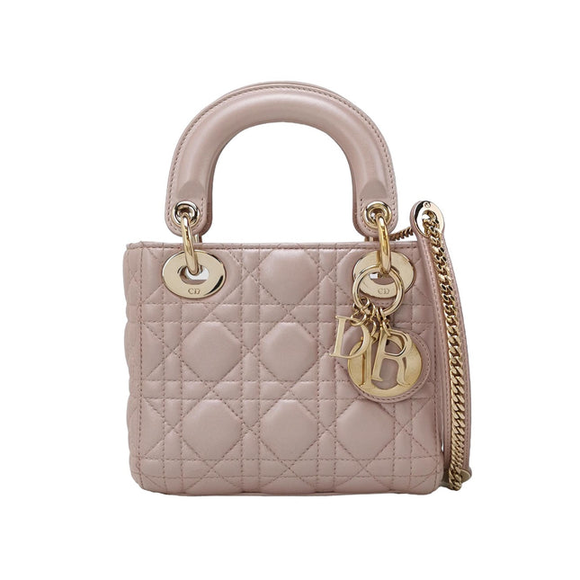 Lady Dior Mini Pearlescent Pink Lambskin Leather Gold HW Chain Strap-Luxbags