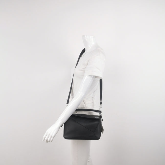 Loewe Puzzle Medium Black Smooth Leather White Logo 2016