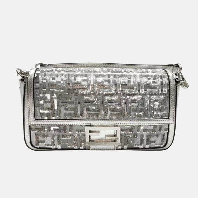 Fendi Baguette Silver PVC and Leather with Glitter Sequins Crossbody Bag-Luxbags