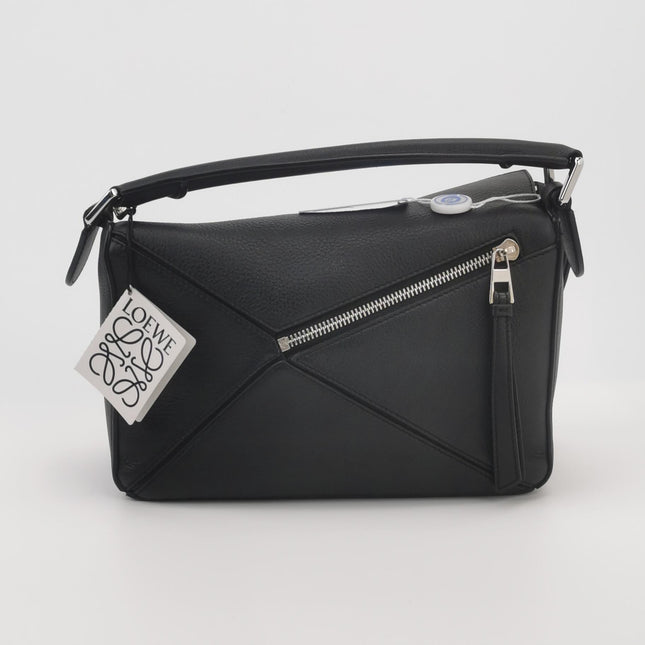 Loewe Puzzle Small Black Grained Leather White Logo