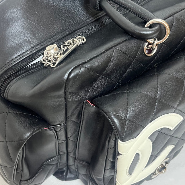 Chanel Cambon Multi-pocket Ligne Reporter Bag Large Black Calfskin Leather White Logo