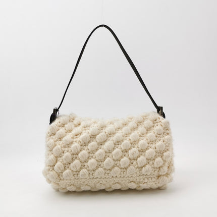 Fendi Baguette Bag White Crochet Knit Wool Pompom Shoulder Bag