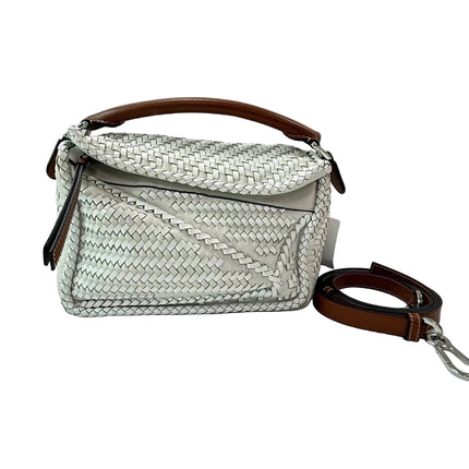 Loewe Puzzle Small Leather Woven Braided White Crossbody Bag