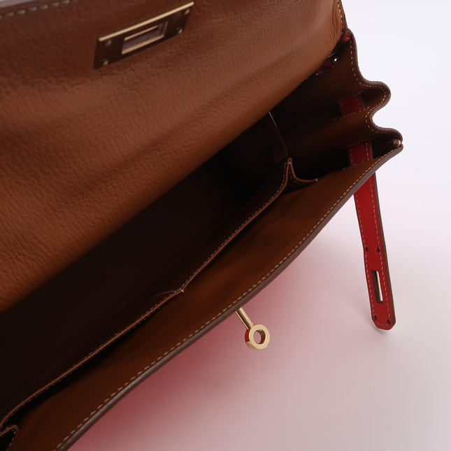 Hermes Kelly 28 Retourne Calfskin Leather Rose Exterior Brown Interior Gold Hardware Double Ring