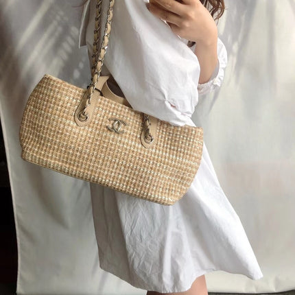 Sold Chanel Deauville Chain Shoulder Bag Beige Raffia and Tweed