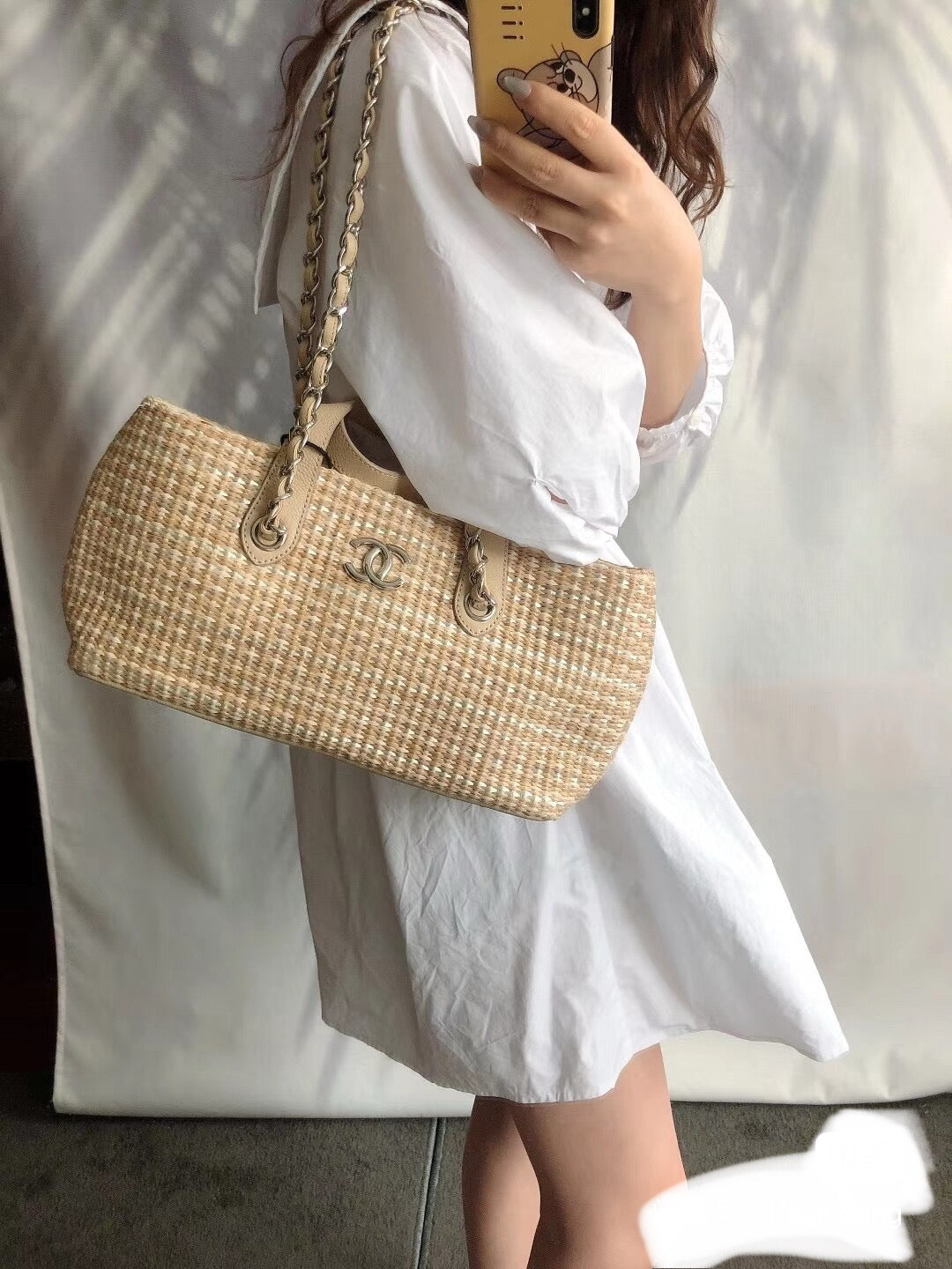Chanel Deauville Chain Shoulder Bag Beige Raffia and Tweed