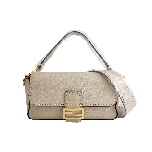 Fendi Baguette Selleria Medium Off White Cream Calfskin Leather Crossbody Bag Medium