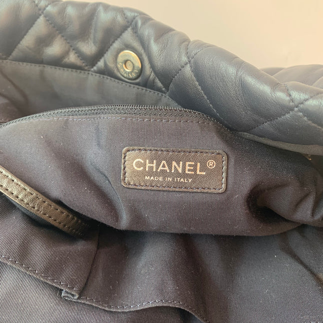 Chanel CC Shopping Tote Medium Cannage Lambskin Leather Navy with White Stripes
