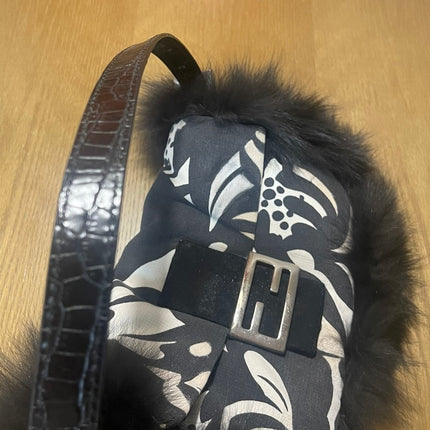 Fendi Baguette Black Print Fabric and Furry Shoulder Bag