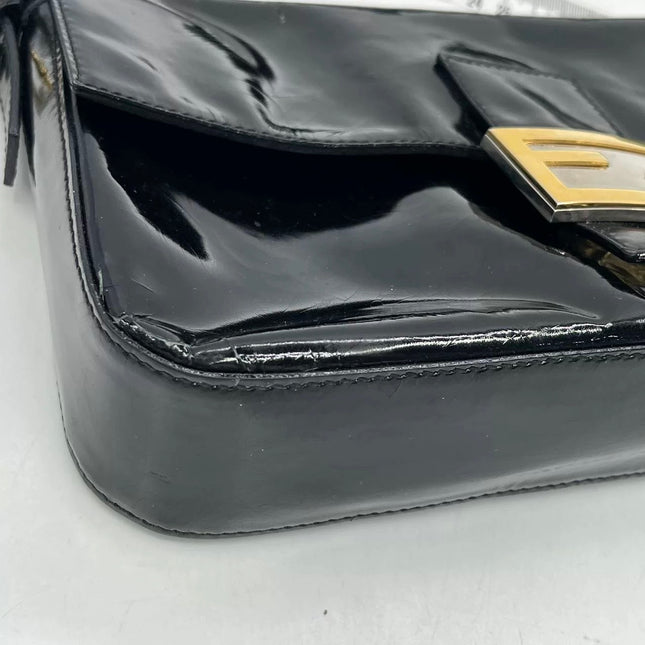 Fendi Baguette Black Patent Leather Gold Hardware Shoulder Bag