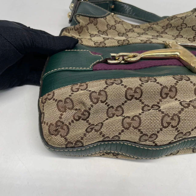 Gucci Large Vintage Green Leather and Monogram Side Horsebit Shoulder Bag