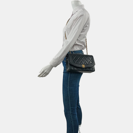 Chanel Diana CC Flap Bag Medium Vintage Black Lambskin Leather with 24k Gold HW, 1991-1994
