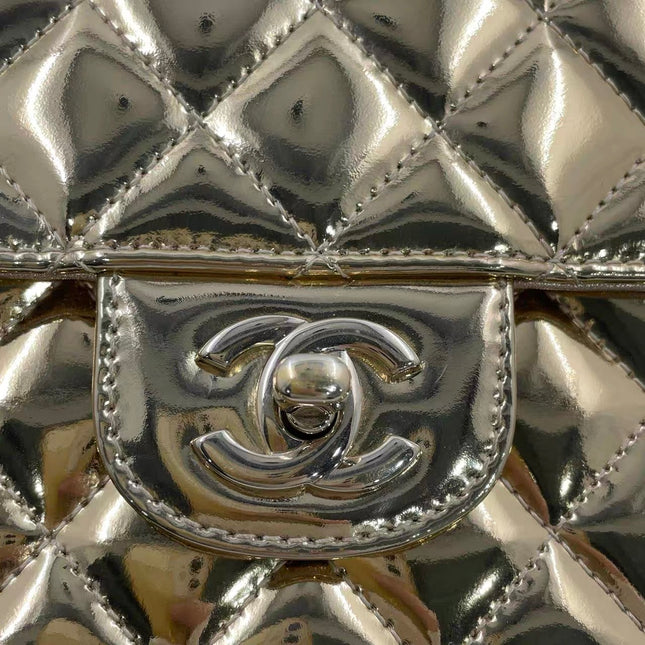 Chanel Classic Flap Mini Square Star Purse Gold Patent Calfskin Leather Mirror Glaze