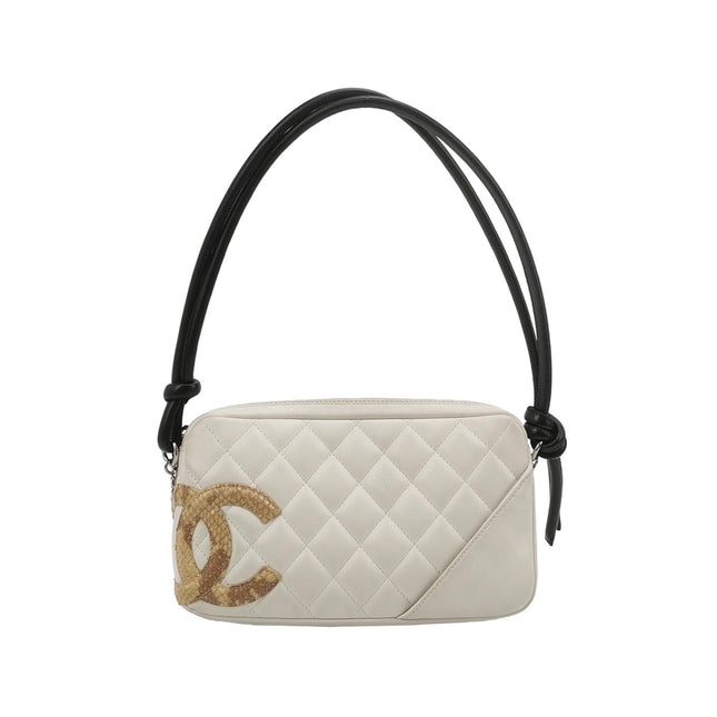 Chanel Cambon Clutch White Leather Snake Skin CC Logo Black Strap-Luxbags
